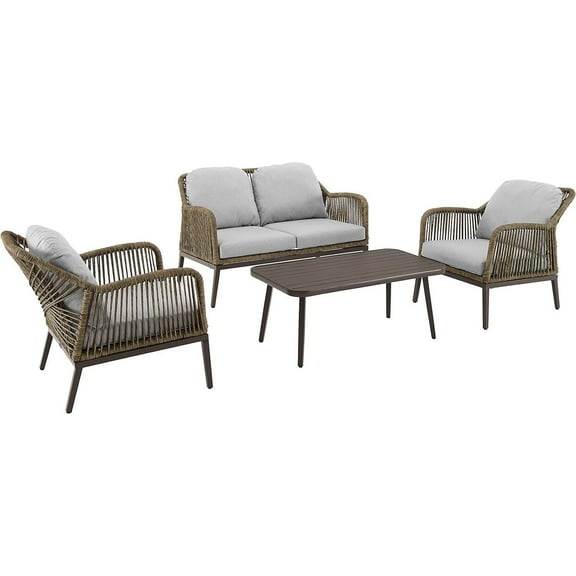 4-Piece Outdoor Conversation Set - Loveseat, Chairs & Coffee Table - Light Brown Patio Furniture-Color:Light Gray/Light Brown