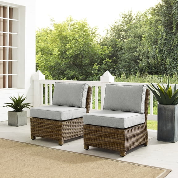 HomeStock Global Greatness Outdoor Wicker Armless Chairs (Set of 2), Weathered Brown with Gray Cushions, 31.5 x 25 x 32.5 in, Weather-Proof Construction, Elegant Patio Chairs