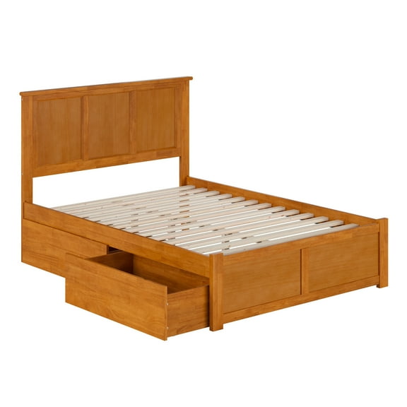 Solid Wood Platform Bed with Footboard & Storage - Full Size Bed Frame, Light Toffee Finish