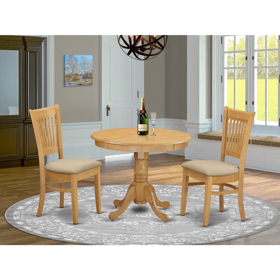 HomeStock Global Greatness 3 Piece Kitchen Table Set for Small Spaces Contains a Round Dining Room Table with Pedestal and 2 Linen Fabric Upholstered Chairs, 36x36 Inch, Oak