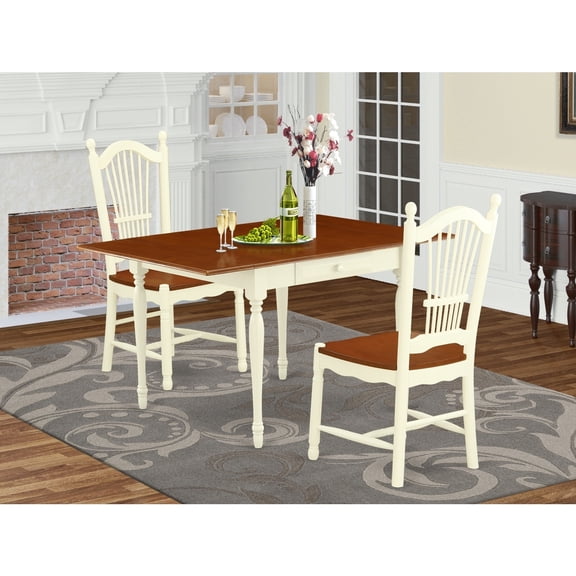 HomeStock Gothic Glamour 3Pc Kitchen Table Set Offers A Wood Table And 2 Kitchen Chairs With Wooden Seat, Drop Leaf Table With Panel Back Chairs, Buttermilk And Cherry Finish