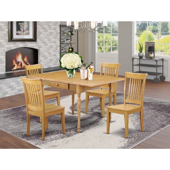Modern Dining Table Set 5 Piece - Wood Table & Chairs, Drop Leaf, Oak Finish, Kitchen Dining Room Set