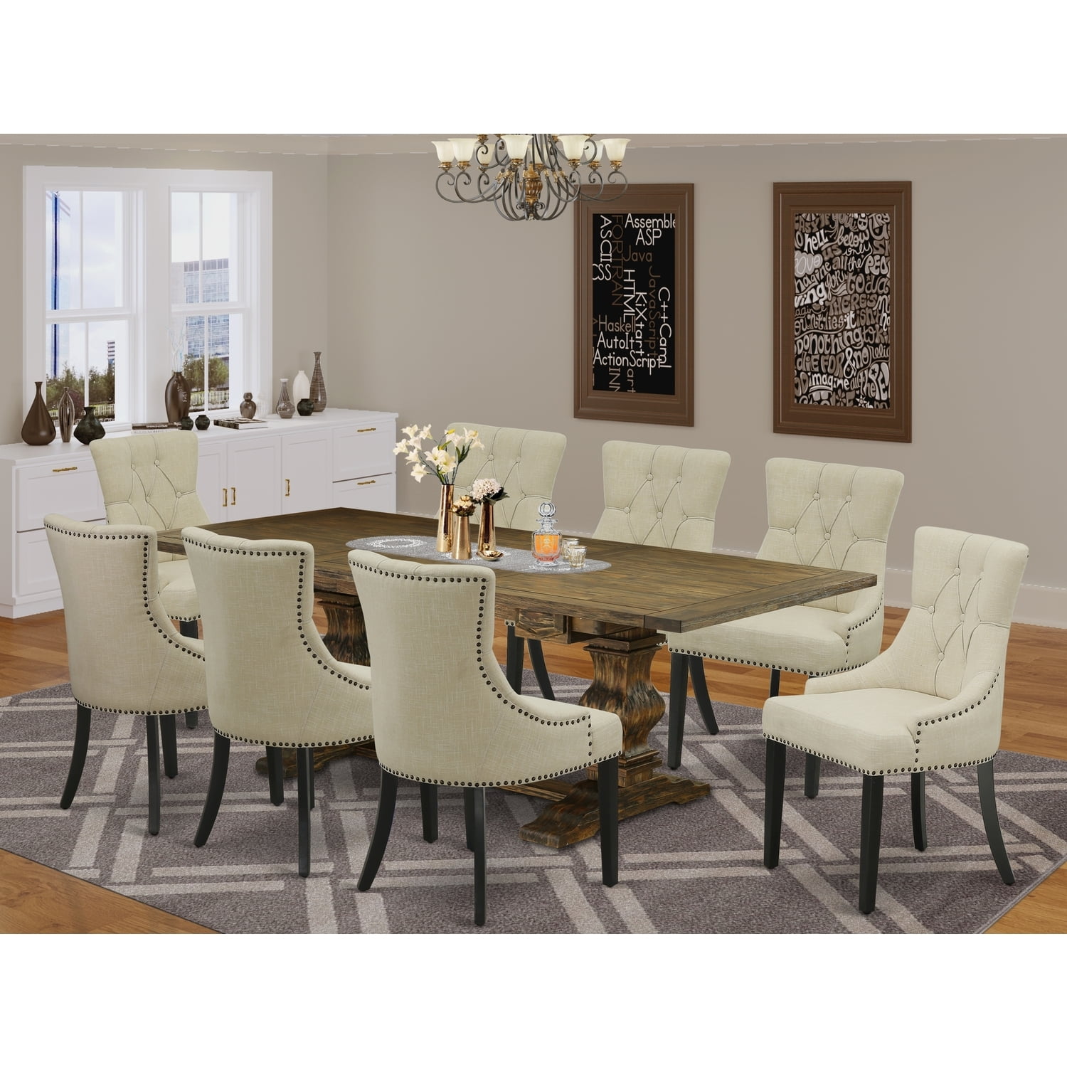 HomeStock Gothic Glamour 9 Piece Dinette Set With ChairS Legs And Light Beige Linen Fabric Kitchen Chairs Set Of Eight And Gorgeous Dining Room Table