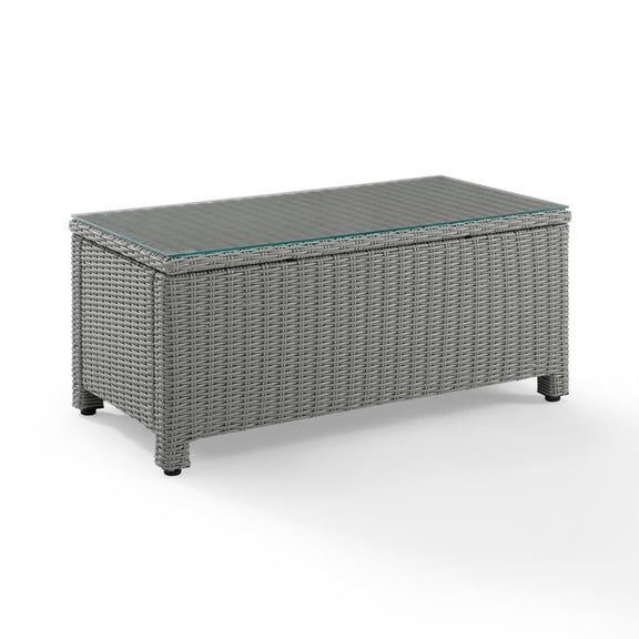 HomeStock Gothic Glamour Outdoor Wicker Coffee Table Gray, Tempered Glass Table Top, Adjustable Levelers on Legs, 17.75"H x 40"L x 21"D