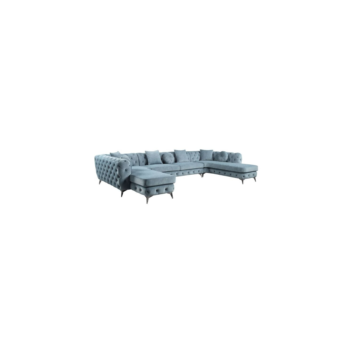 Dusty Blue Fabric Tufted U-Shaped Sectional with Metal Legs
