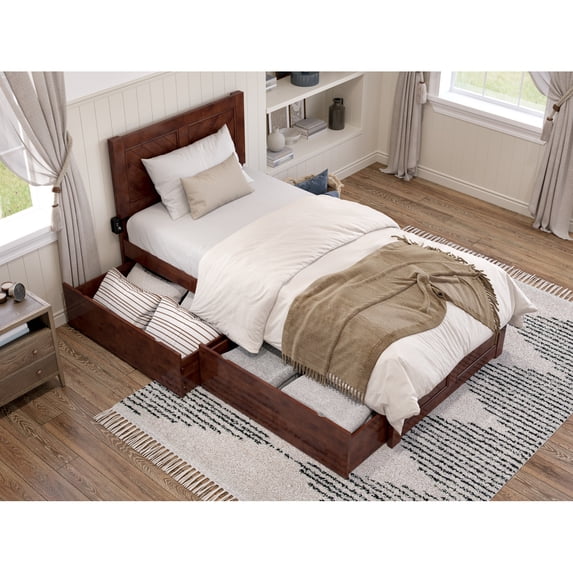 Twin XL Platform Bed with Footboard & Drawers - Walnut Finish, Modern ...