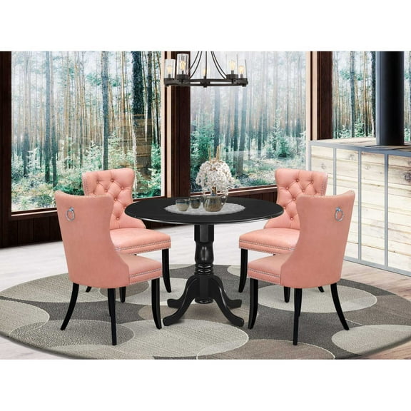 Modern 5 Piece Dining Set - Round Table with Dropleaf & 4 Chairs - Black Kitchen Table Set