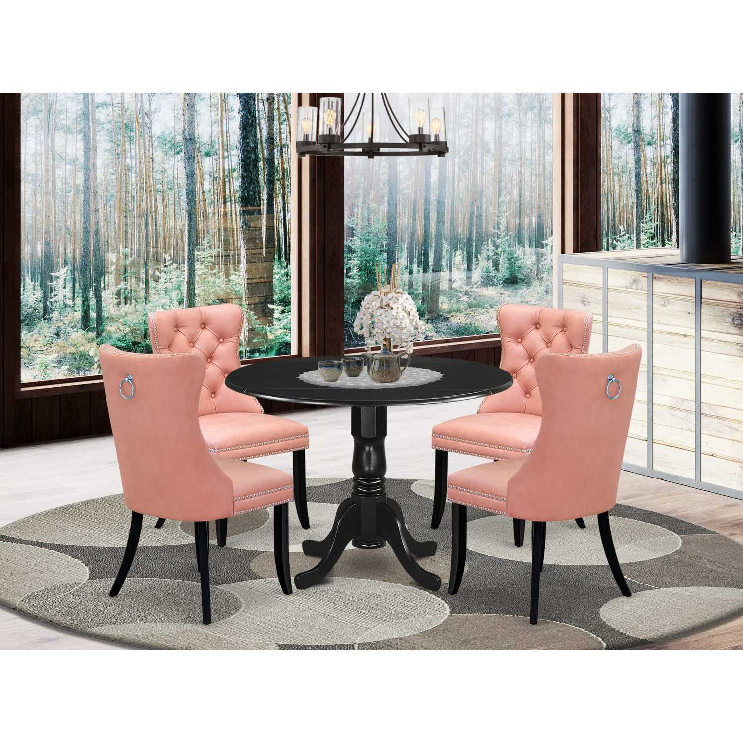 HomeStock Gothic Grace 5 Piece Modern Dining Table Set Includes A Round Kitchen Table With Dropleaf And 4 Parson Chairs Black