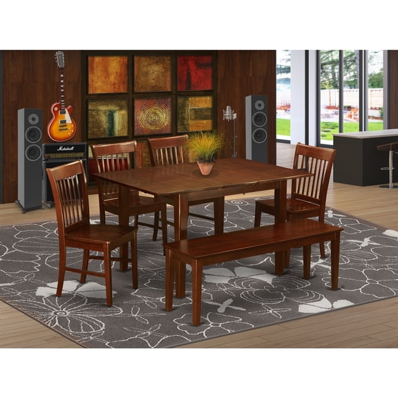 Gothic Dining Set - 6 Piece Table & Chair Set - Rectangle Table with Bench - Mahogany Finish