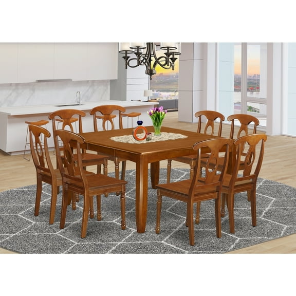 HomeStock Gothic Grace 9 Piece Dining Room Furniture Set Includes a Square Wooden Table with Butterfly Leaf and 8 Kitchen Dining Chairs, 54x54 Inch, Saddle Brown