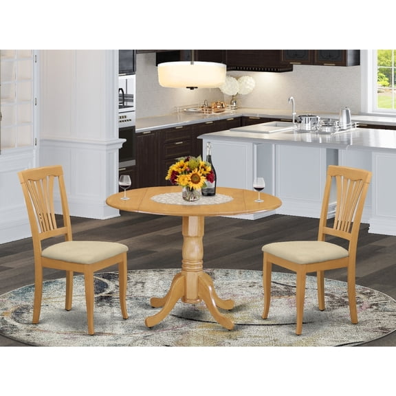 HomeStock Gothic Grandeur 3 Piece Dining Set Contains a Round Dining Table with Dropleaf and 2 Linen Fabric Kitchen Room Chairs, 42x42 Inch, Oak