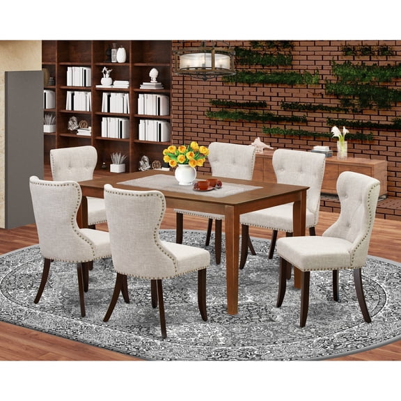 HomeStock Gothic Grandeur Furniture Casi7-Mah-35 - A Dining Table Set Of 6 Great Parson Chairs With Linen Fabric Doeskin Color And An Attractive Wood Table In Mahogany Finish