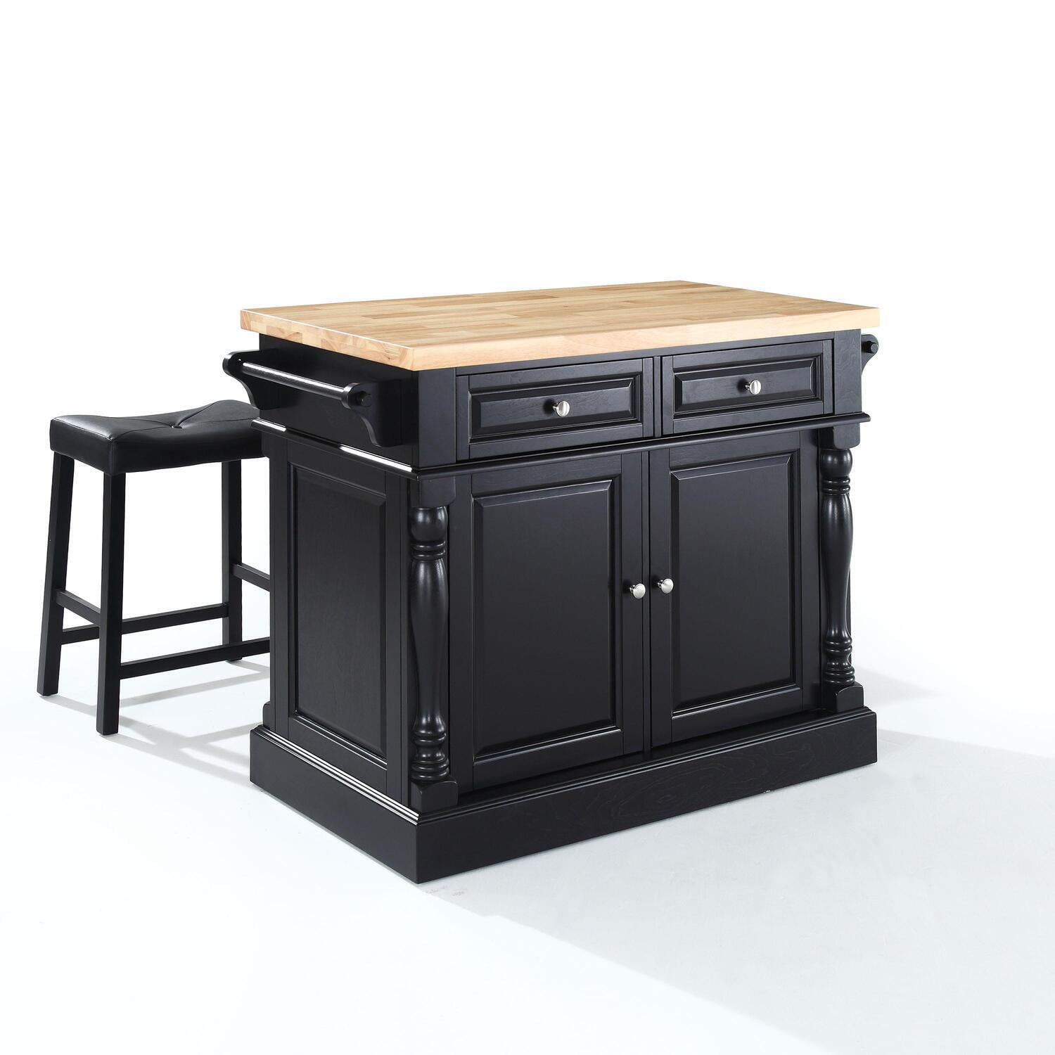 Oxford Black Butcher Block Kitchen Island with Cushioned Stools
