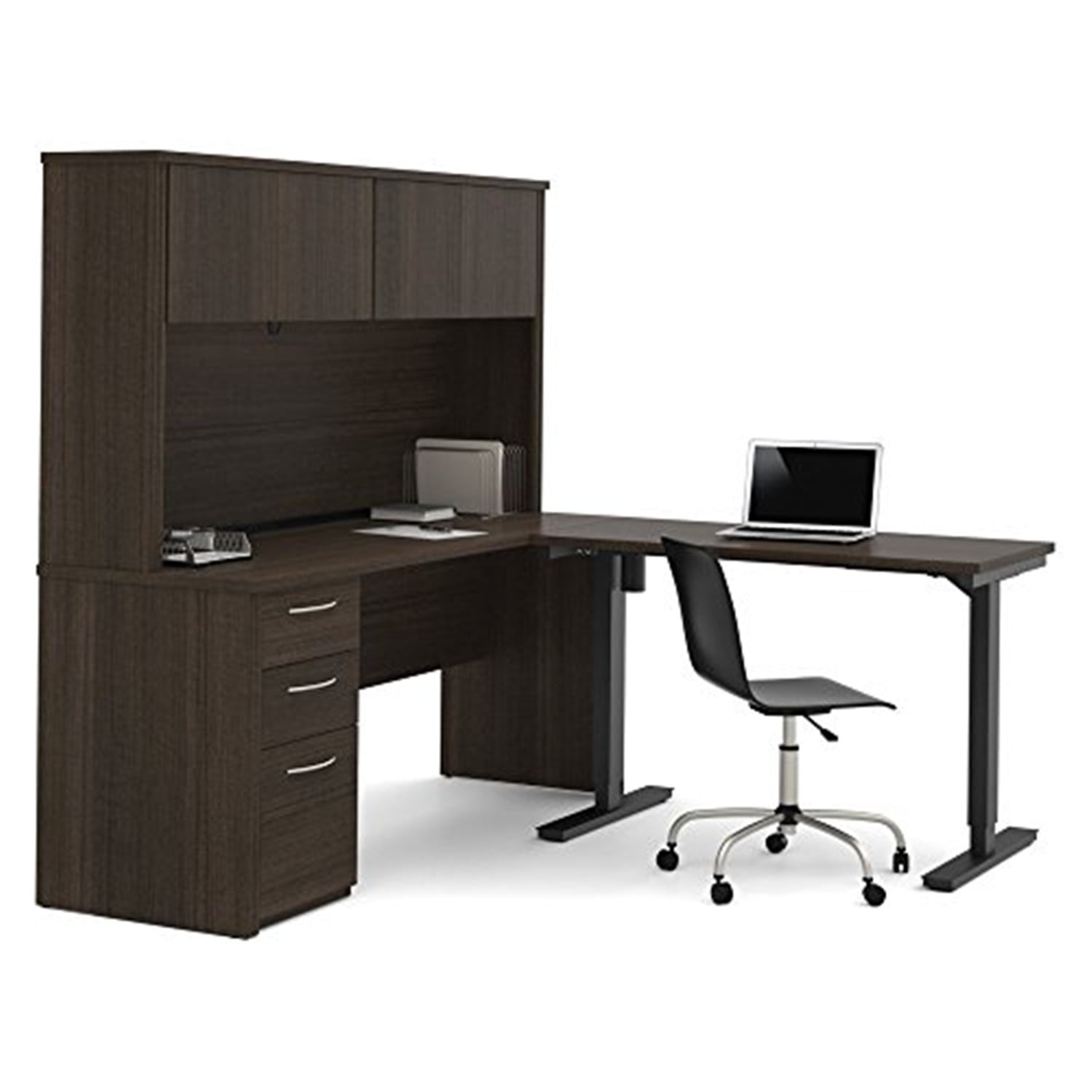 Modern Dark Chocolate Adjustable Height L-Shaped Desk with Hutch