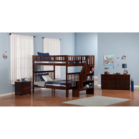 Full Over Full Bunk Bed with Bookshelf Staircase - Space Saving & Elegant Design