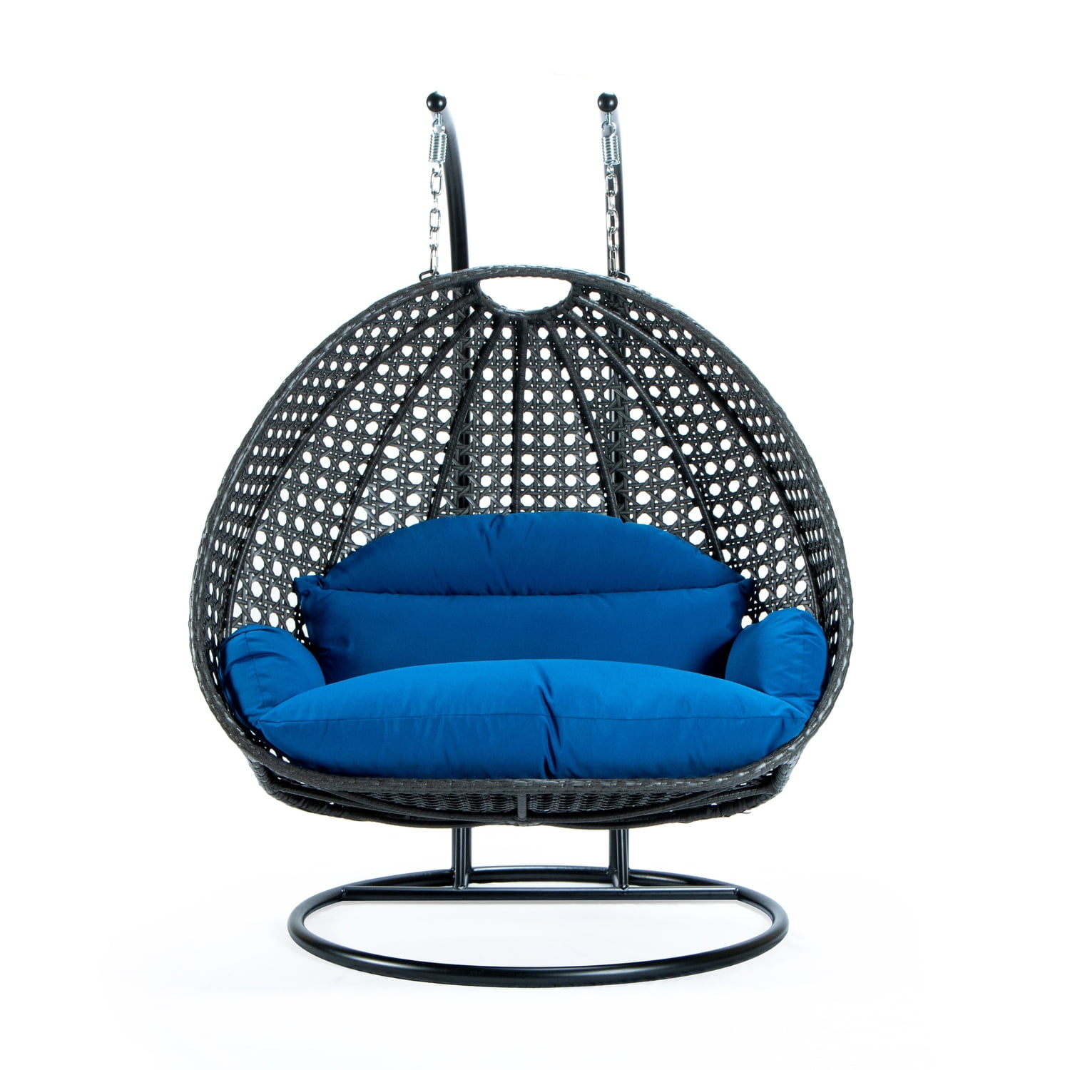 Charcoal Wicker Hanging Egg Chair with Blue Cushions