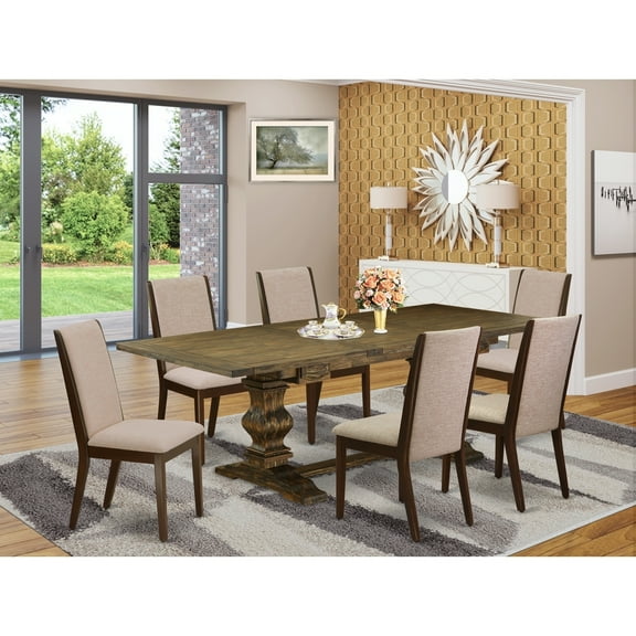 7-Piece Dining Table Set with Parsons Chairs - Linen Fabric Dining Room TableChairs Set - Mahogany Finish