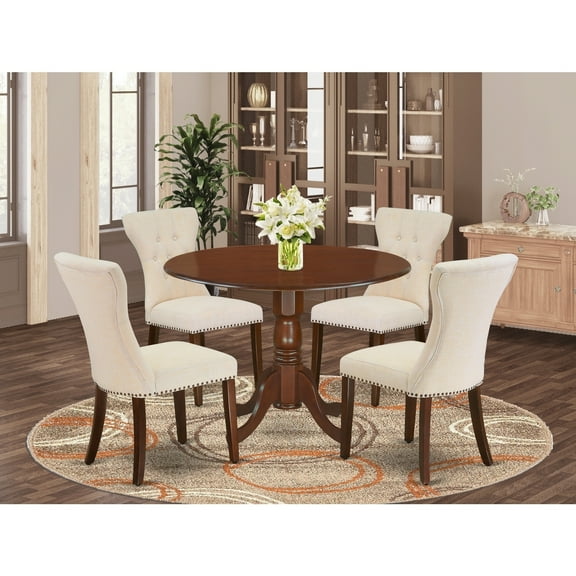 HomeStock Handmade Home 5-Piece Modern Dining Table Set Includes A Round Dining Table & 4 Padded Parson Chairs, Light Beige Linen Fabric Modern Dining Chairs Seat With Rubber Wood Legs, Mahogany