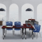 HomeStock Handcrafted Haven 48 x 30 Height Adjustable Classroom Table in Mahogany with 2 Andy 18-in Stack Chairs in Navy Blue for Custom Learning Spaces