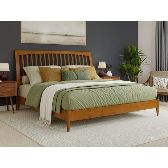 HomeStock Handcrafted Haven King Solid Wood Low Profile Sleigh Platform Bed in Light Toffee