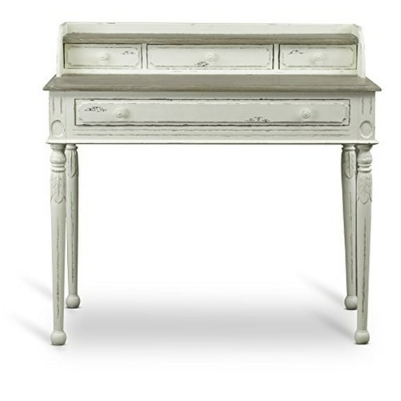 French Accent Writing Desk - Traditional Desk with Storage, 4 Drawers, Distressed White Finish, Home Office Desk