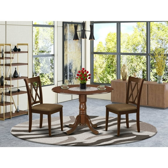 3Pc Dinette Set - Round Kitchen Table & 2 Dining Chairs - Mahogany Finish - Compact Space Friendly
