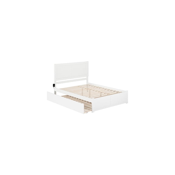 HomeStock Handmade Home King Wood Platform Bed with Footboard & Twin XL Trundle in White, Rustic Elegance with Intricate Carvings and Convenient USB Charger
