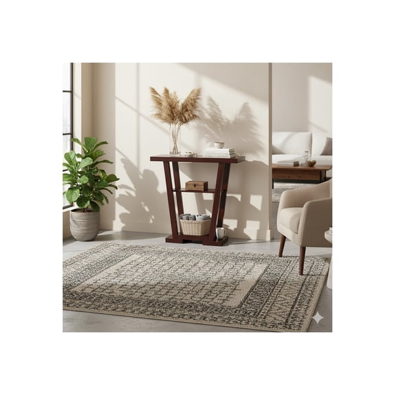 Home V Console Table with Shelf - Handmade Entryway Decor Table, Woodgrain Finish