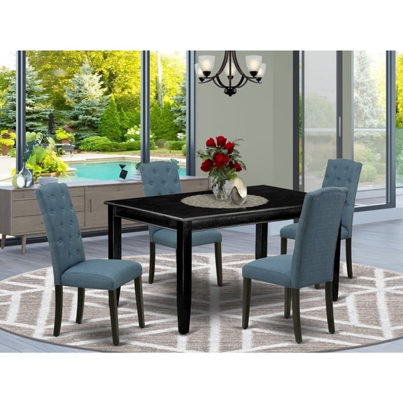 Hollywood Regency Dining Set - 5 Piece Table & Chairs - Blue Fabric, Black Finish