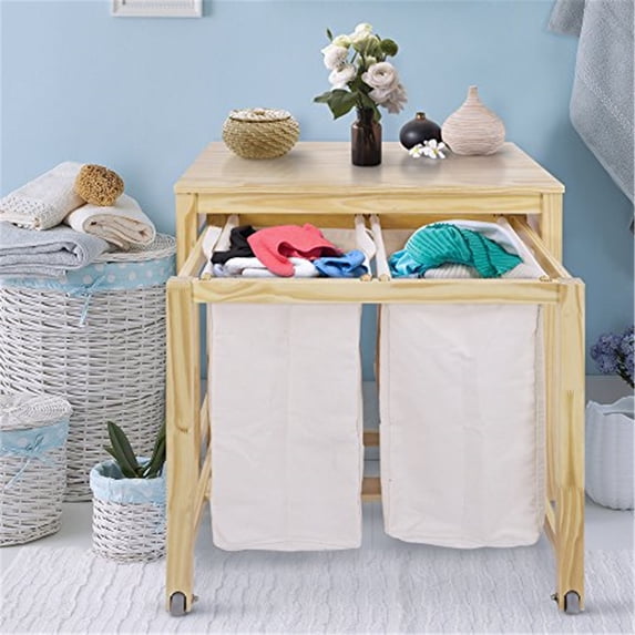 Laundry Hamper Wood - Home Laundry Prep Station with Washable Baskets - Storage Organizer