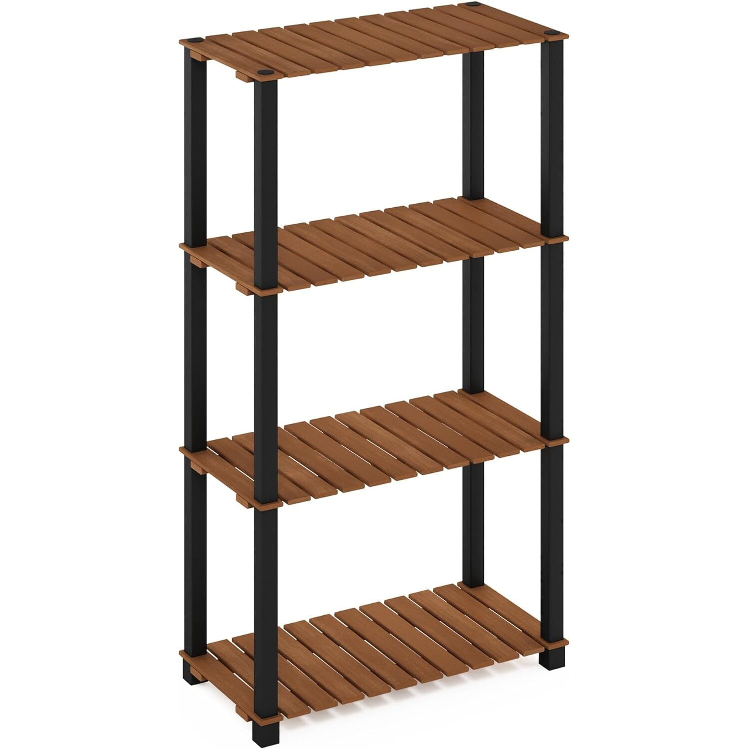 Natural Dark Red Meranti Wood 4-Tier Plant Stand with Black Square Poles