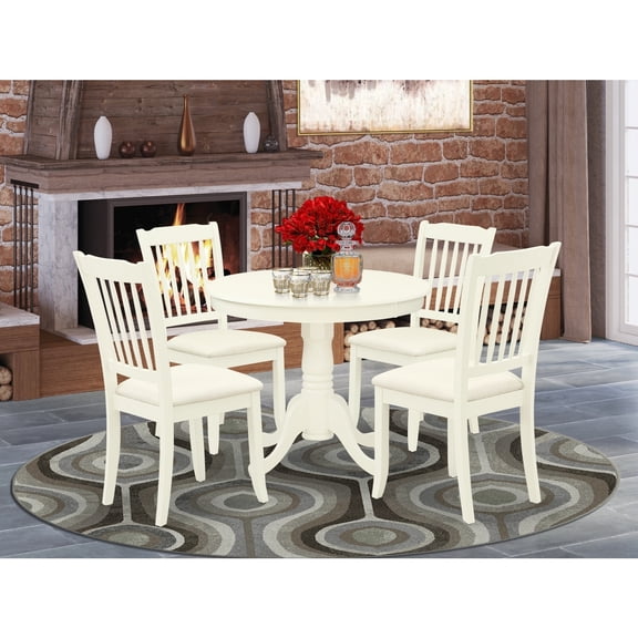 HomeStock Sophisticated Simplicity s 5Pc Dining Set Includes A Round Dinette Table And Four Vertical Slatted Linen Seat Kitchen Chairs, Linen White Finish
