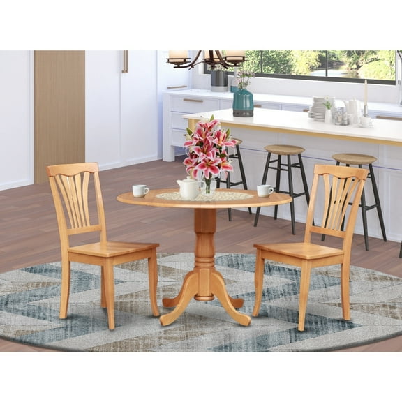 HomeStock Sophisticated Simplicity 3 Piece Dining Room Furniture Set Contains a Round Kitchen Table with Dropleaf and 2 Dining Chairs, 42x42 Inch, Oak Finish