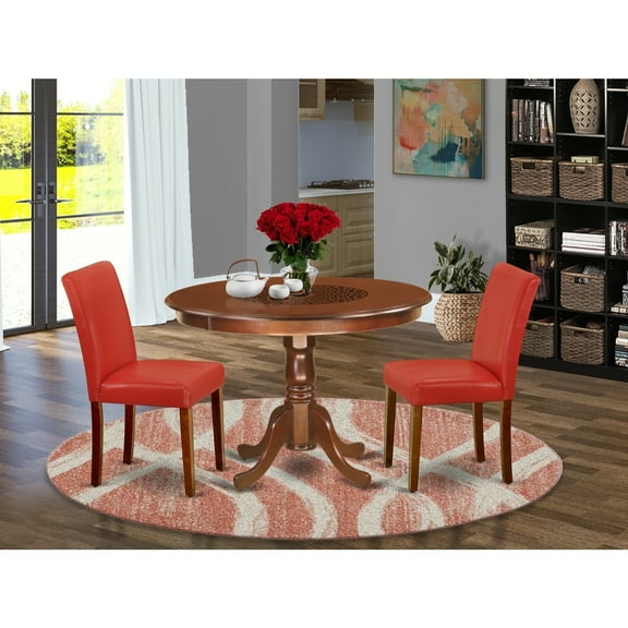 Round Kitchen Table Set 42 Inch - 3Pc Table & Chair Set - PU Leather Parsons Chairs - Firebrick Red