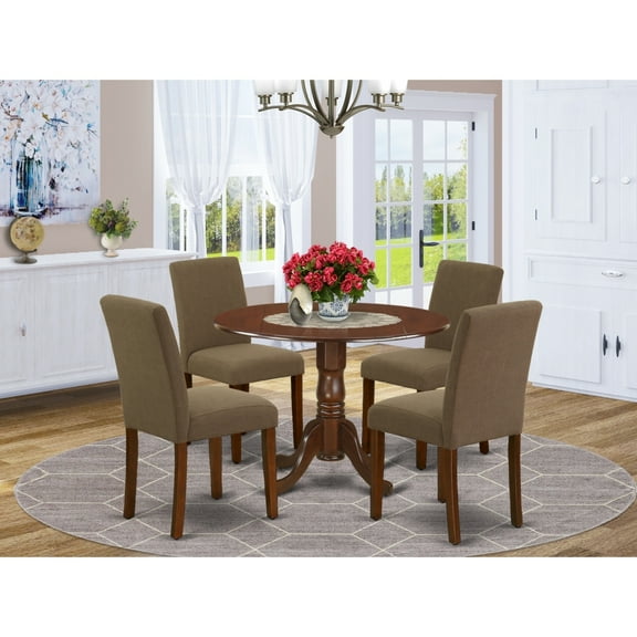 Round Kitchen Table Set 5pc 42" Table w/ Drop Leaves & 4 Parsons Chairs - Linen Fabric