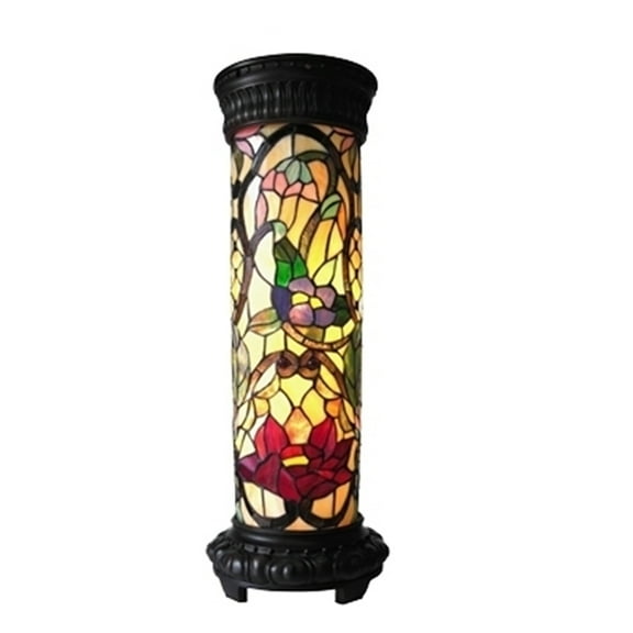 HomeStock Island Oasis 2 Light Floral Pedestal Lamp, Handcrafted Stained Glass with Foot-Stepper Switch, Antique Bronze Finish, Vibrant Design, 30" Tall