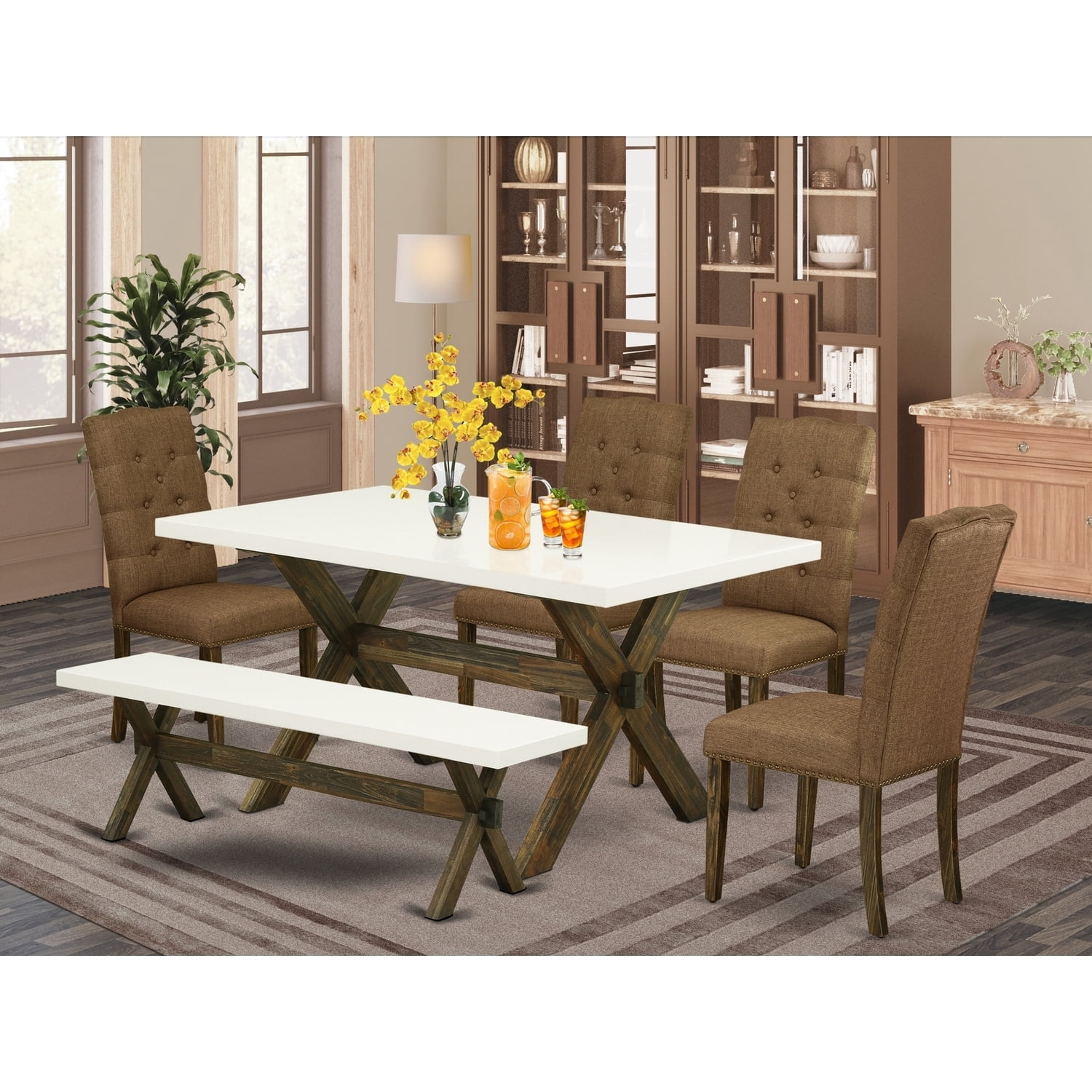 Mid Century Dining Set - 6 Piece TableChair Set with Bench - Modern ...