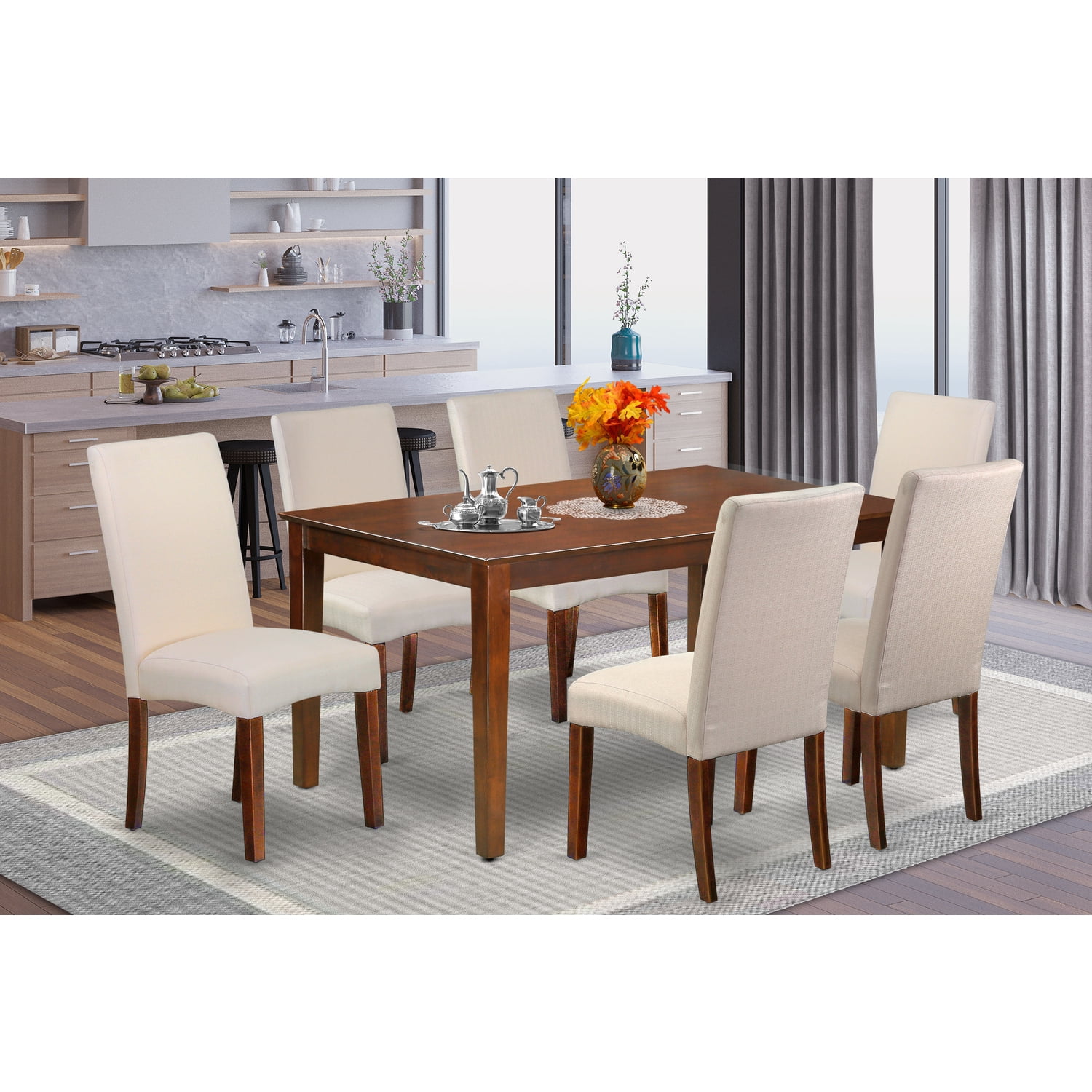 Dining Table Set 7 Piece Kitchen Table with 6 Linen Chairs - 36x60 Inch ...