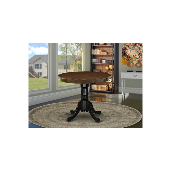 HomeStock Island Oasis Antique Dining Table Made Of Rubber Wood Offering Walnut Finish Table Top, 36 Inch Round, Wirebrushed Black Pedestal