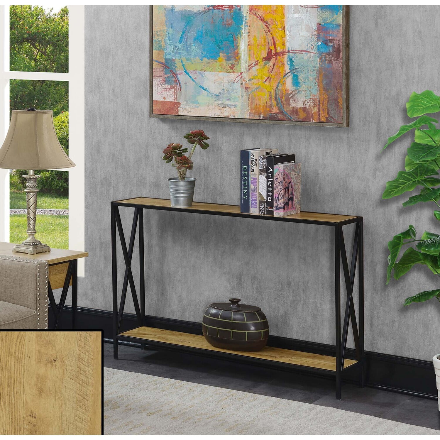 48" English Oak and Black Metal Console Table with Storage