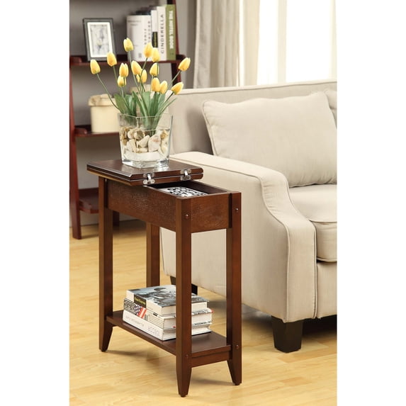HomeStock Island Oasis Flip Top End Table with Concealed Storage, Classic Design, Narrow Silhouette, Functional Bottom Shelf, Birch Veneer, MDF Construction, 24"H x 11"W x 23"L