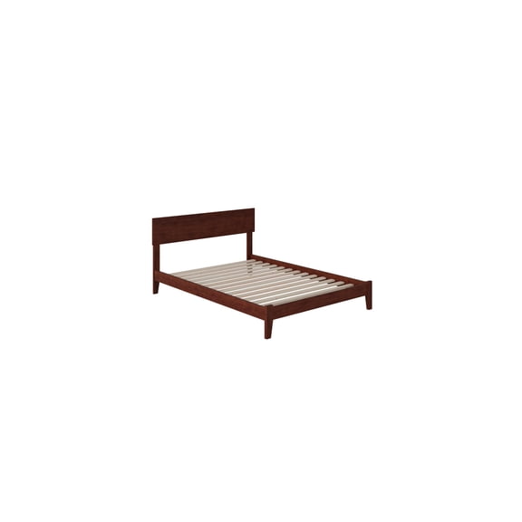 HomeStock Island Oasis Low Profile Platform Bed with USB Charging Station in Walnut: Mid-Century Modern Design, Clean Minimalist Style, Crafted from Sustainable Hardwood with Enhanced Mattress Support