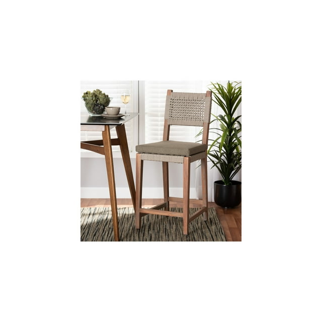 HomeStock Island Oasis Mid-Century Transitional Grey Woven Rope Mahogany Counter Stool, Ideal for Bar and Pub Height Dining Tables, Versatile Seating Stools