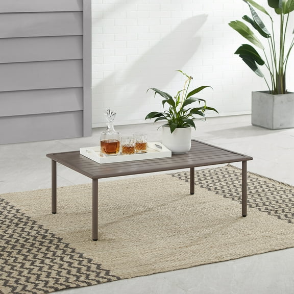 HomeStock Island Oasis Outdoor Metal Coffee Table with Slatted Top,Powder-Coated,Sturdy Weather-Proof Steel,Hand-Painted,Durable - 23.5" D x 39.25" W x 13.75" H-Color:Light Brown