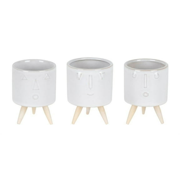 Porcelain Planters with Wood Legs - Set of 3 Decorative Flower Pots