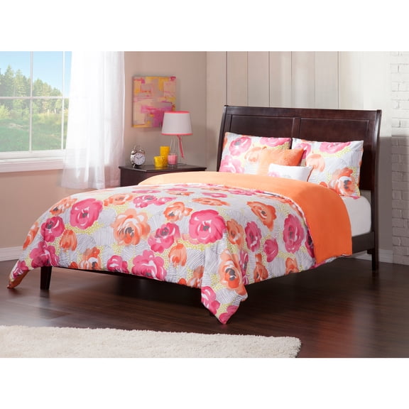 King Platform Bed Walnut Finish - Modern Sleigh Style Bed Frame with Open Footboard