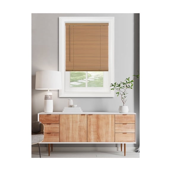 HomeStock Lakefront Luxury 1" Light Filtering Mini Blind 33x72 - Woodtone, Cordless Blinds with Tilt Wand for Privacy and Light Control, Hidden Brackets Included