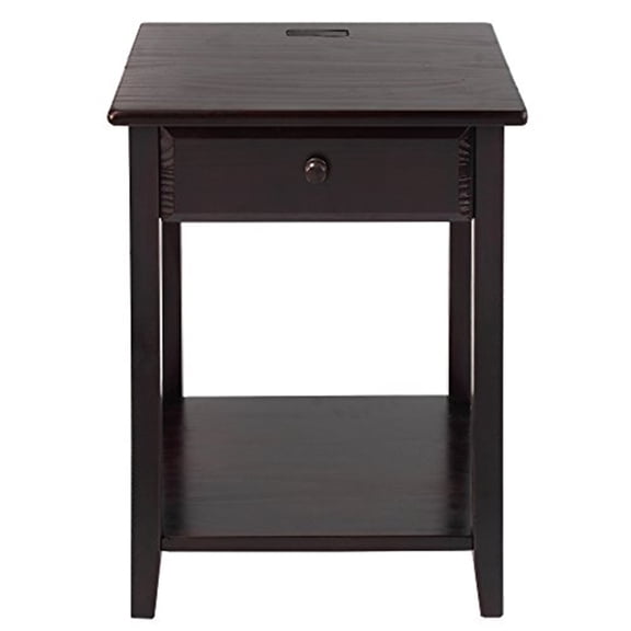 HomeStock Lakefront Luxury 24.5" Solid Wood Nightstand with 4 USB Ports, Drawer & Open Shelf Chic Finish Bedside Table for Bedroom or Guest Room, 14.2" x 17.5" x 24.5"