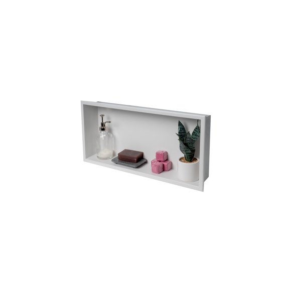 HomeStock Lakefront Luxury 24" x 12" White Matte Stainless Steel Horizontal Single Shelf Bath Shower Niche for Sleek and Practical Storage