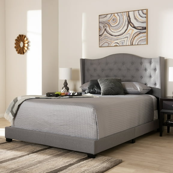 Luxury Tufted King Bed with Headboard - Grey Fabric Upholstered Bedroom Furniture